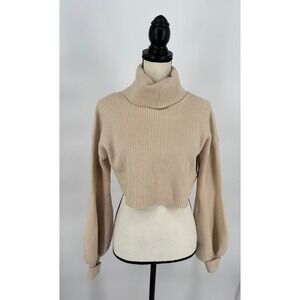 Moodie Womens Ivory Ribbed Cropped Turtleneck‎ Sweater Balloon Sleeve Size S